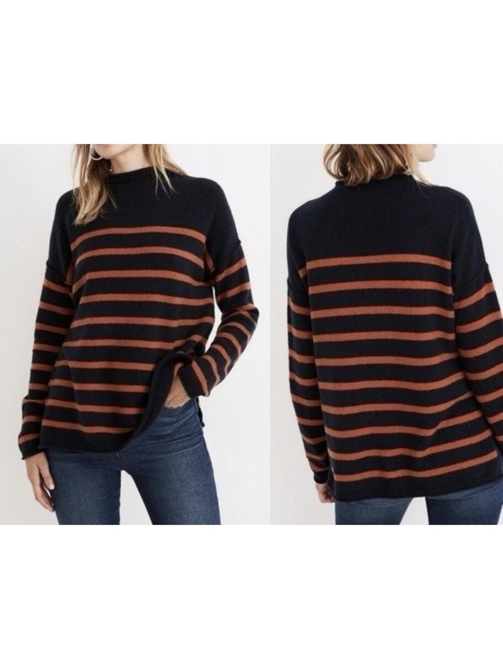 Madewell Striped Mock neck Sweater XL Wool Alpaca Blend Blue Orange